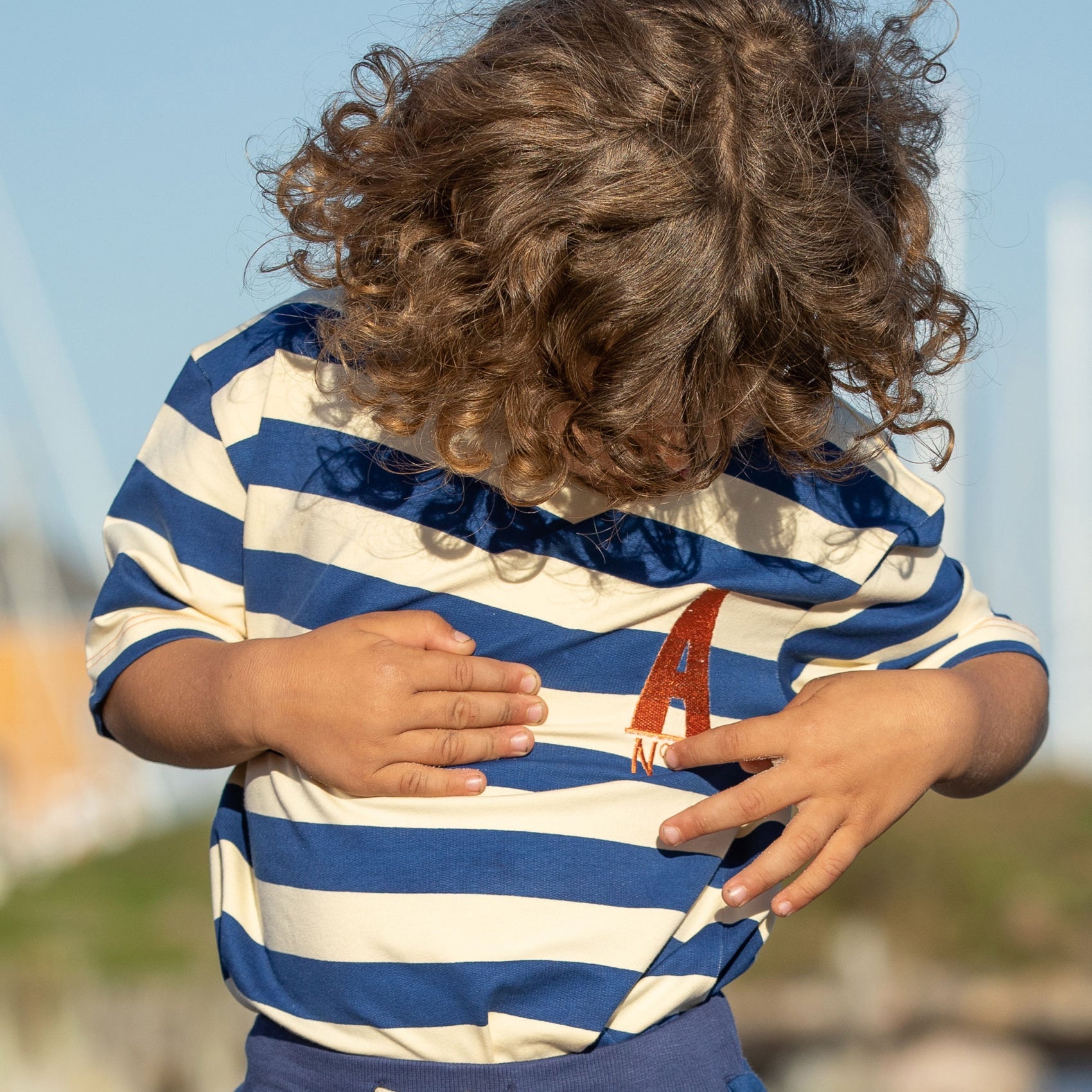 Surfing around t-shirt- true blue stripes: Size 2Y