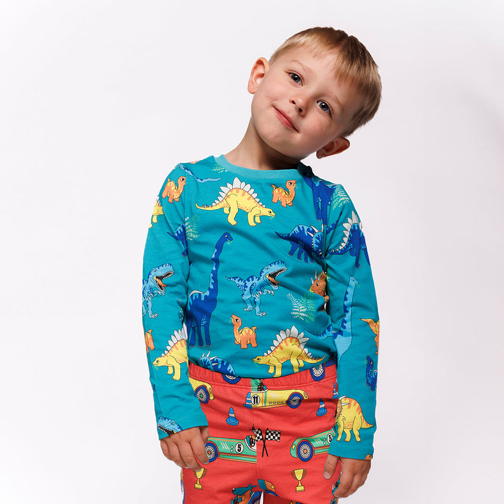 Long-sleeved t-shirt- dinosaurs, teal