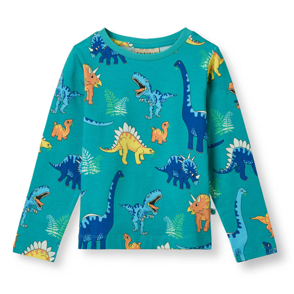 Long-sleeved t-shirt- dinosaurs, teal