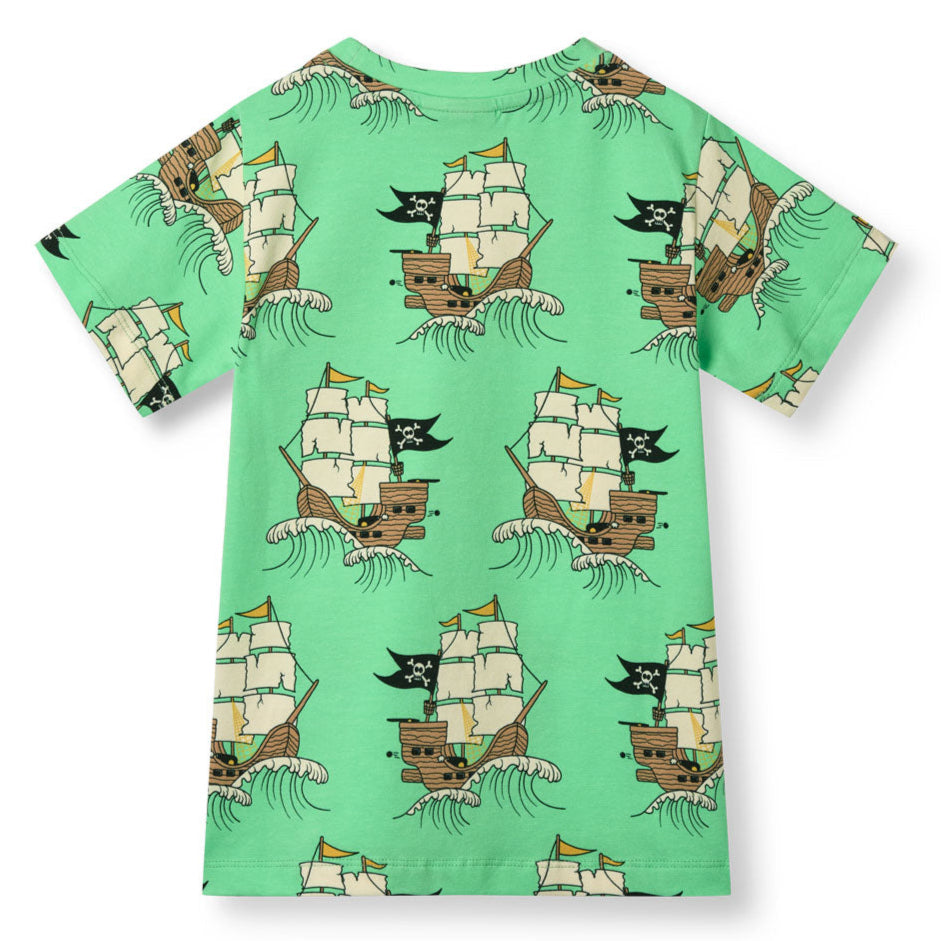 Short sleeved t-shirt- pirate ships, minty green