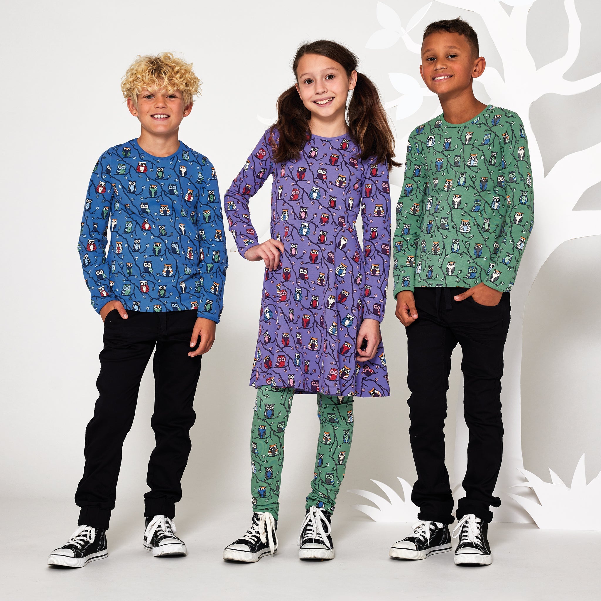 Long sleeve top- owls, nautic blue