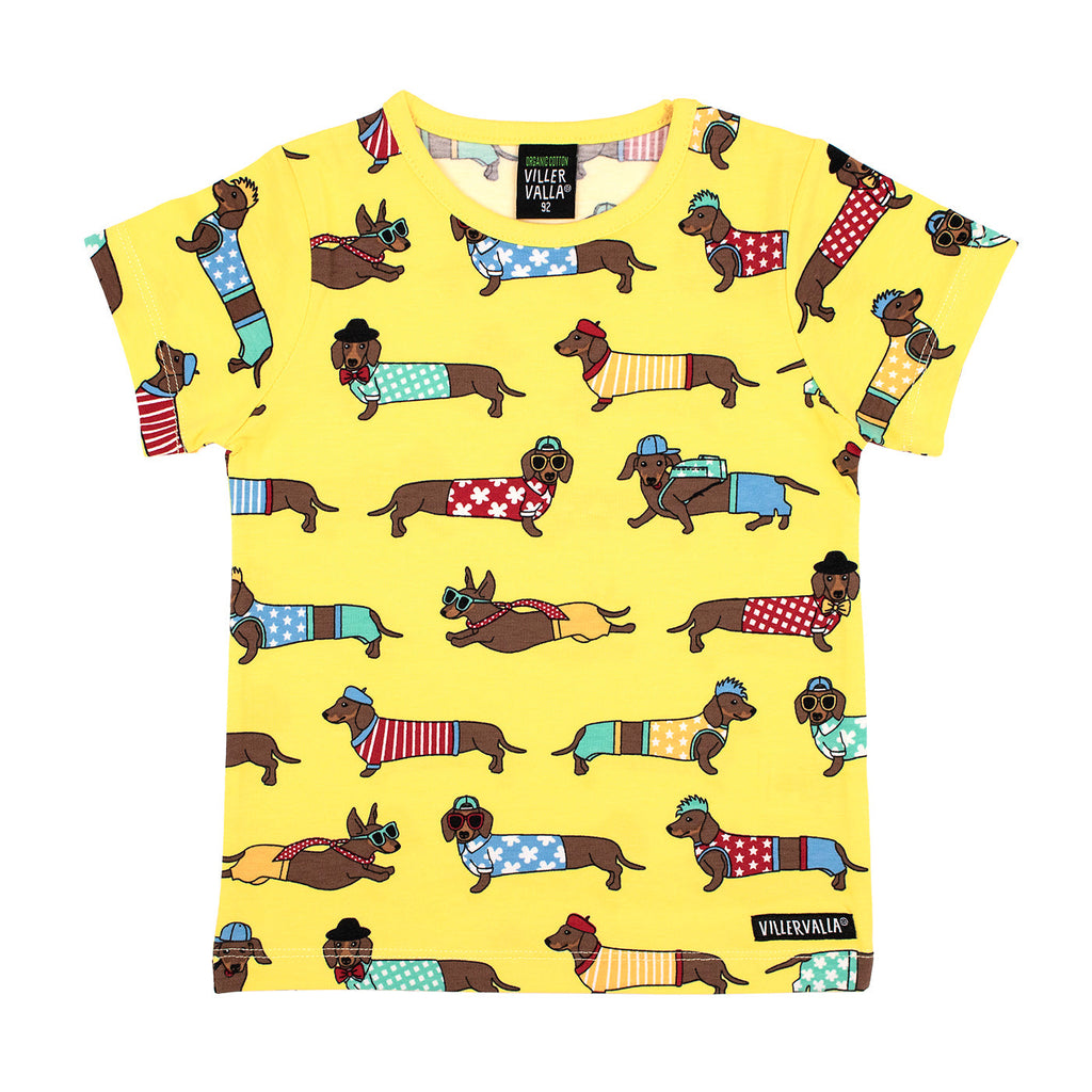Short sleeve top- dachshund, lemon
